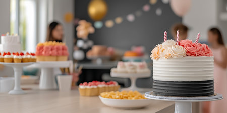 A beautifully decorated birthday cake and assorted treats at a festive party settingの素材