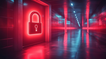A vibrant neon lock symbol glowing in a stylish red corridor with reflective surfacesの素材