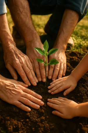 Multiple hands from a family planting a young green plant in dark, fertile soilの素材