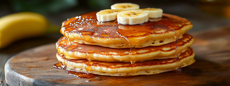 A stack of pancakes topped with banana slices and drizzled with maple syrupの素材