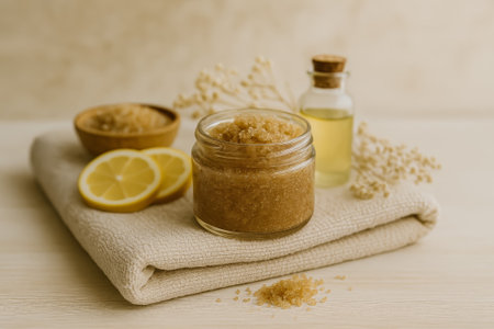 An elegant arrangement of a sugar scrub, lemons, and essential oil on a soft towelの素材