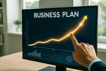 A person pointing at a business plan graph showing significant growth on a computer monitorの素材