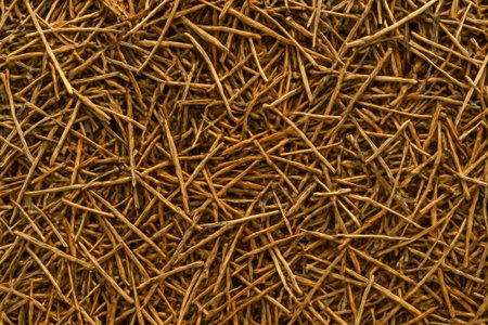 A detailed view of a dense scattering of dried twigs and branches on the groundの素材
