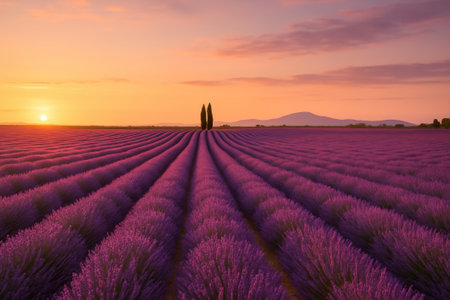 A vibrant lavender field stretches under a colorful sunset with mountains in the backgroundの素材