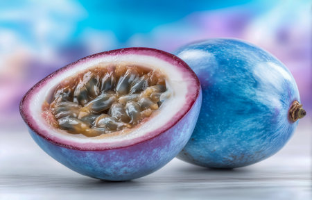 A stunning close-up of passion fruit halves showcasing their unique interior on a blurred backgroundの素材