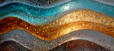 An abstract close-up of colorful glass surfaces featuring intricate water droplets and reflectionsの素材