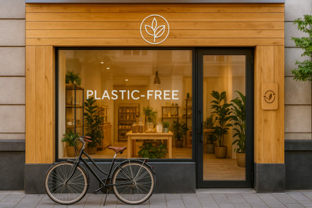 A stylish shop window emphasizing a plastic-free lifestyle, featuring greenery and a bicycle in frontの素材