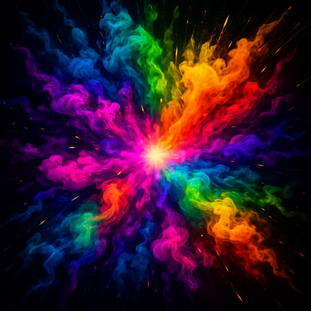 An explosion of vibrant colored smoke and light against a dark backdrop, creating a dynamic visualの素材