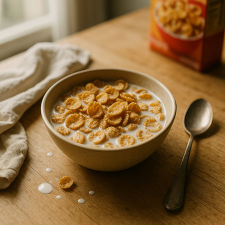 A bowl of cornflakes with milk on a wooden table, accompanied by a spoon and napkinの素材