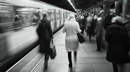 A dynamic scene of commuters moving quickly at a subway station during rush hourの素材