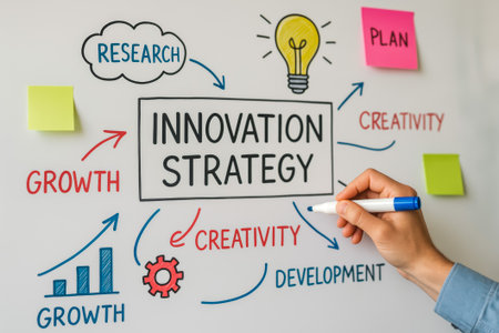 A hand writing innovation strategy concepts on a whiteboard with colorful sticky notesの素材