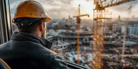 A construction worker in a safety helmet overlooking a bustling construction site at sunsetの素材