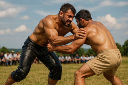Two muscular men engaged in a wrestling match on a sunny day in a grassy areaの素材