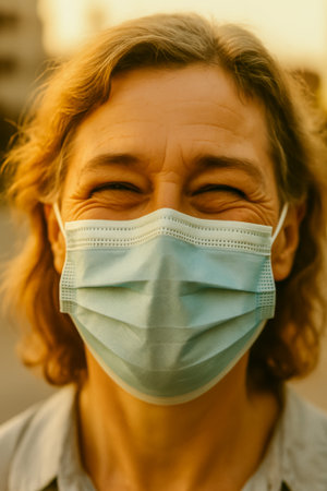 A cheerful woman with curly hair wearing a face mask smiles warmly outdoorsの素材