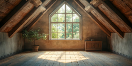 A serene attic space featuring a large window and wooden furnishings, filled with natural lightの素材