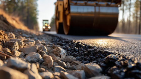 A construction site featuring heavy machinery working on a newly paved road surrounded by gravelの素材