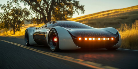 A sleek futuristic electric vehicle cruising down a highway at sunset amidst natureの素材