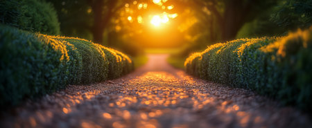 A tranquil sunset illuminates a beautifully maintained stone pathway surrounded by hedgesの素材