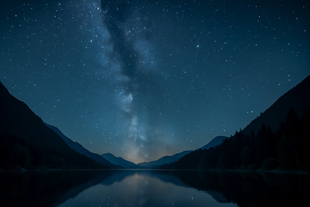 A tranquil scene featuring the milky way over a reflective lake and mountainsの素材