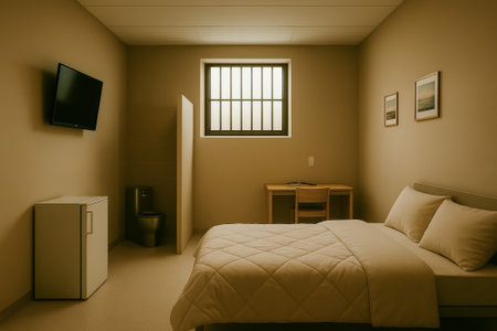 A minimalist prison-style bedroom featuring a bed, desk, and basic furniture elementsの素材