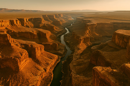 A breathtaking view of a river winding through a desert canyon at sunsetの素材