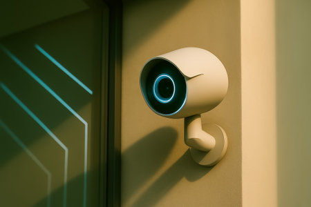 A modern security camera mounted on a wall, featuring a sleek design and innovative technologyの素材