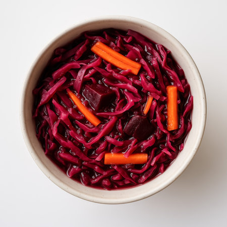 A colorful bowl filled with red cabbage and carrot pieces on a white backgroundの素材