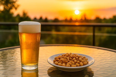 A cold glass of beer and a plate of snacks at sunset on a beautiful eveningの素材