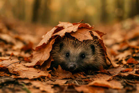 A hedgehog surrounded by autumn leaves, hiding in a tranquil forest environmentの素材