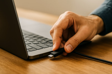 A close-up view of a hand plugging a usb cable into a laptop portの素材