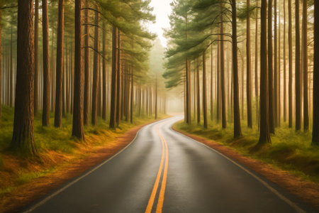 A winding road surrounded by tall pine trees in a serene, misty forest settingの素材