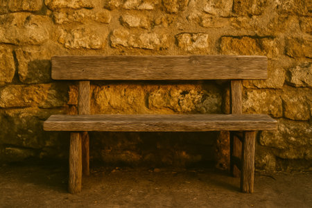 A rustic wooden bench positioned in front of a textured stone wall, creating a warm atmosphereの素材