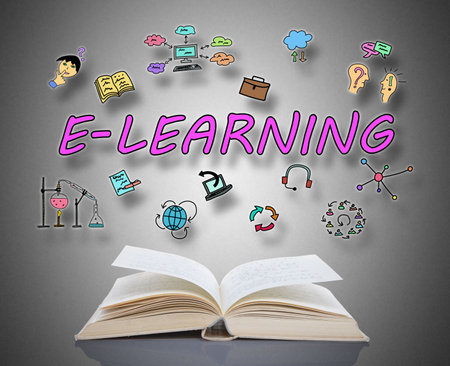 E-learning concept above an open book