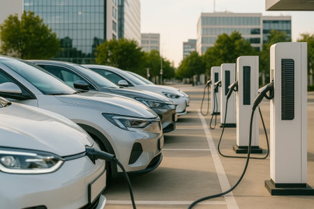 A row of electric cars connected to charging stations in a contemporary urban settingの素材