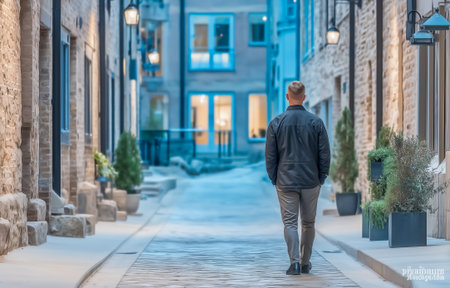 A man in a jacket walks down a charming alleyway, surrounded by soft evening lightの素材