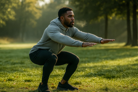 A young man is doing squats in a peaceful outdoor environment surrounded by treesの素材