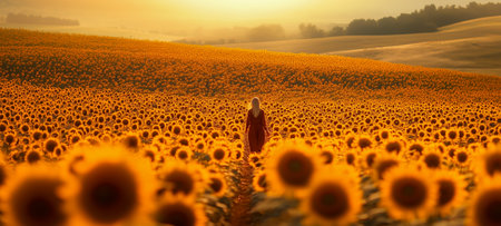 A woman strolls through a vibrant sunflower field during a beautiful sunsetの素材