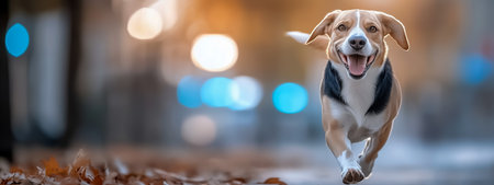 A joyful beagle dog runs playfully through a path covered in autumn leavesの素材