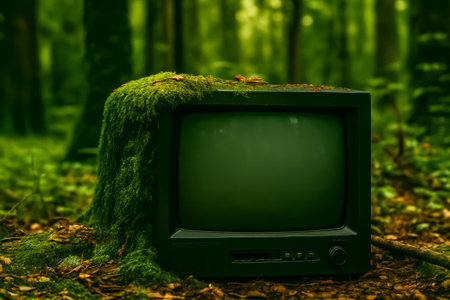 An old television set covered in green moss amidst a tranquil forest environmentの素材