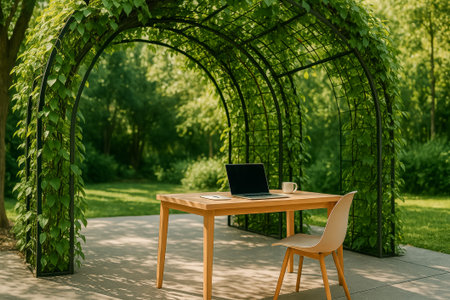 A peaceful outdoor workspace featuring a laptop and coffee mug in a lush gardenの素材