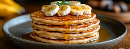 A mouthwatering stack of pancakes garnished with fresh banana slices and syrup drizzleの素材