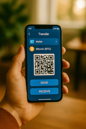 A hand holding a smartphone showing a bitcoin wallet interface with qr codeの素材