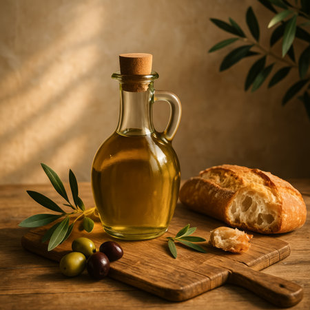 A bottle of olive oil, fresh bread, and olives displayed on a wooden boardの素材