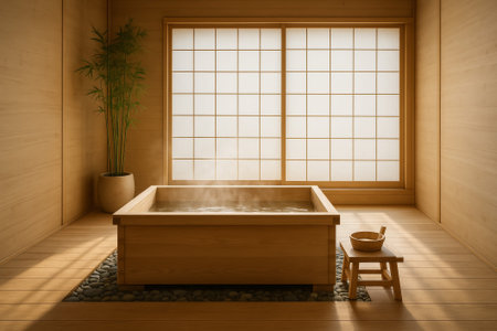 A tranquil japanese-style bathroom featuring a wooden bath and decorative bamboo in the cornerの素材