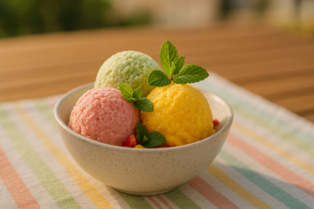 A bowl of vibrant sorbet scoops, featuring pink, green, and yellow flavors, garnished with mintの素材