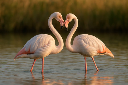 Two beautiful flamingos facing each other, creating a heart shape in the waterの素材