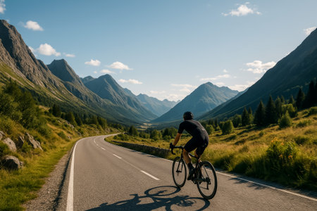 A cyclist enjoys a scenic ride through beautiful mountains under a clear blue skyの素材