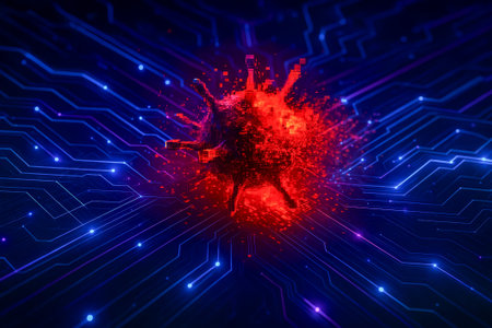 A digital virus image depicted with vivid colors against a technological circuit backgroundの素材