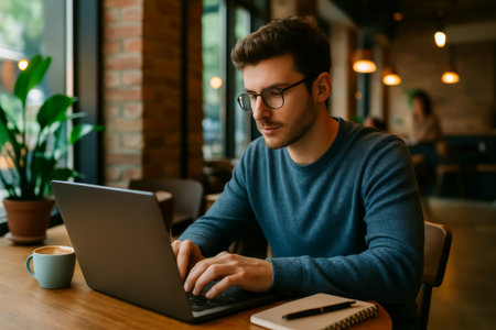 A young man in glasses focused on his laptop in a warm cafÃ© environmentの素材
