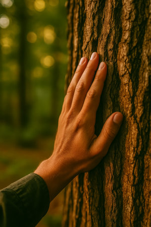 A hand is placed on the bark of a tree in a serene forestの素材